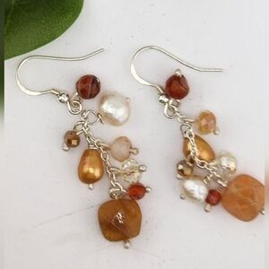 CARNELIAN, PEARLS, AND CRYSTALS HANDMADE DANGLING EARRINGS .925 STERLING SILVER
